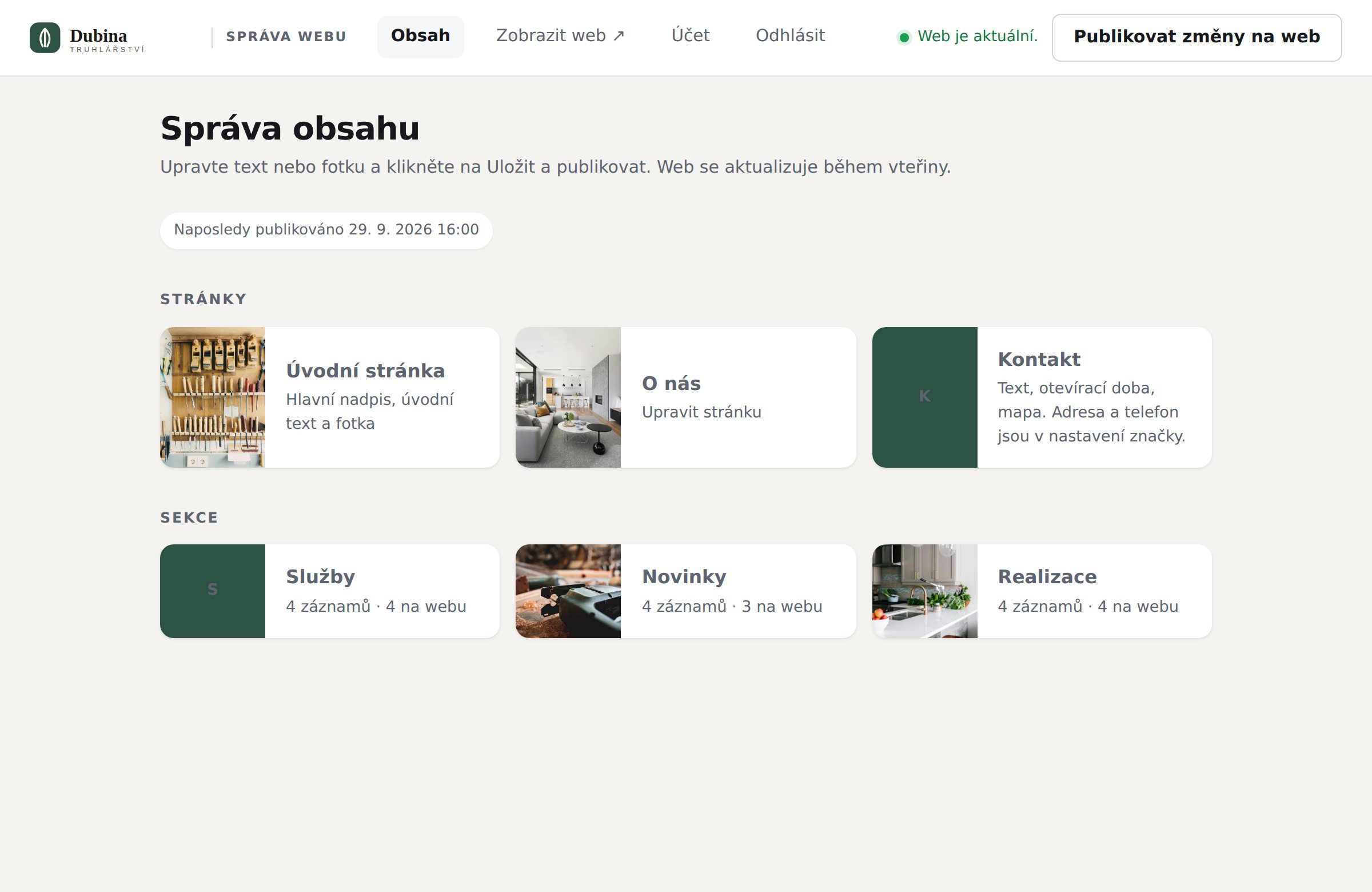 Přehled administrace s kartami stránek a sekcí webu